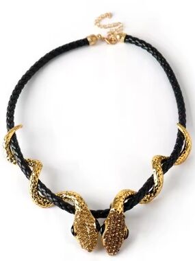 Serpent serpentine Gold-Tone Snake Statement Necklace with Black Braided Cord